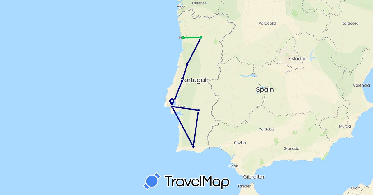 TravelMap itinerary: driving, bus in Portugal (Europe)